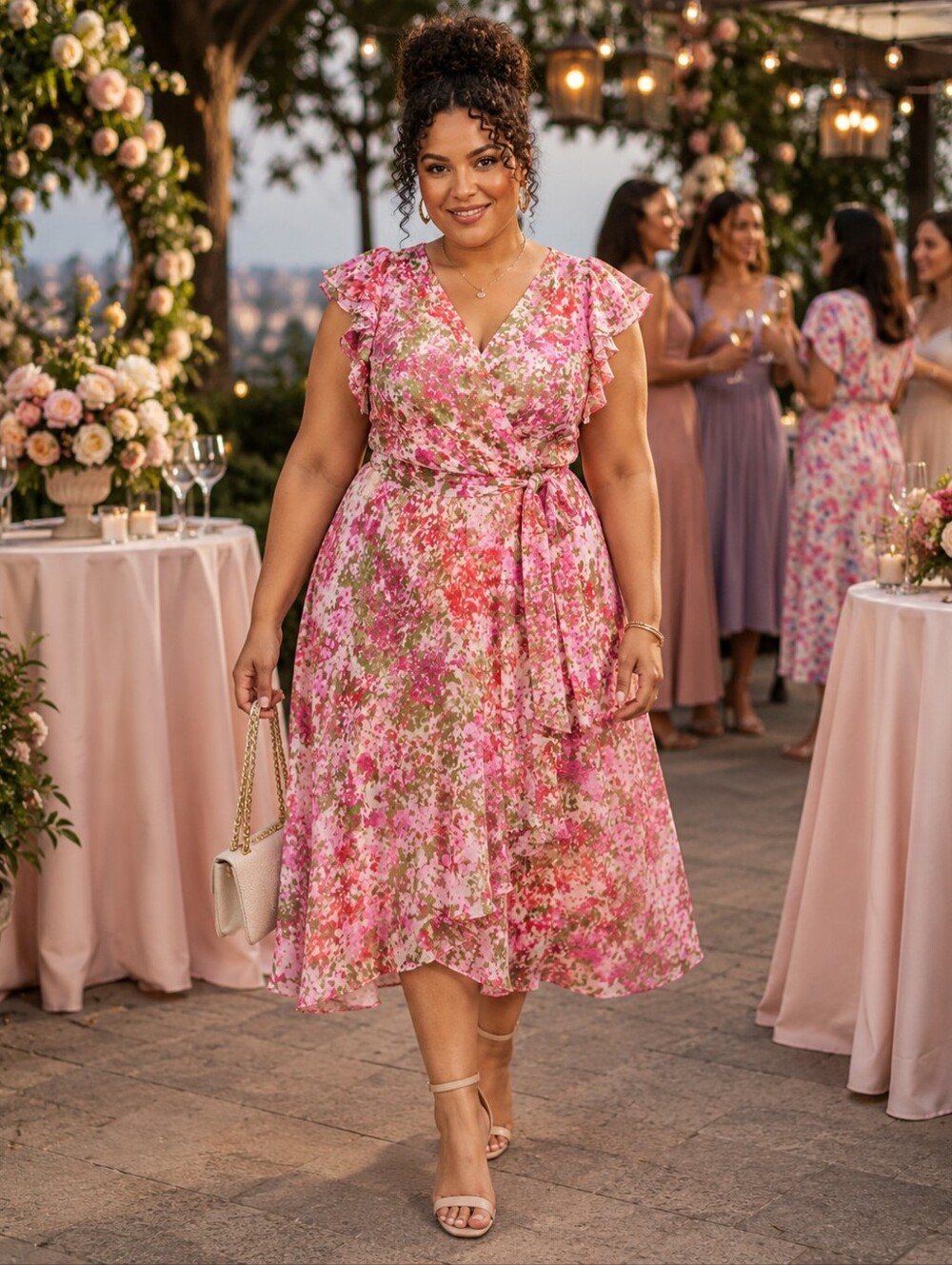 DKNY NWT Floral Faux Wrap Midi Dress | Flutter Sleeve | Size 16 | Wedding Guest